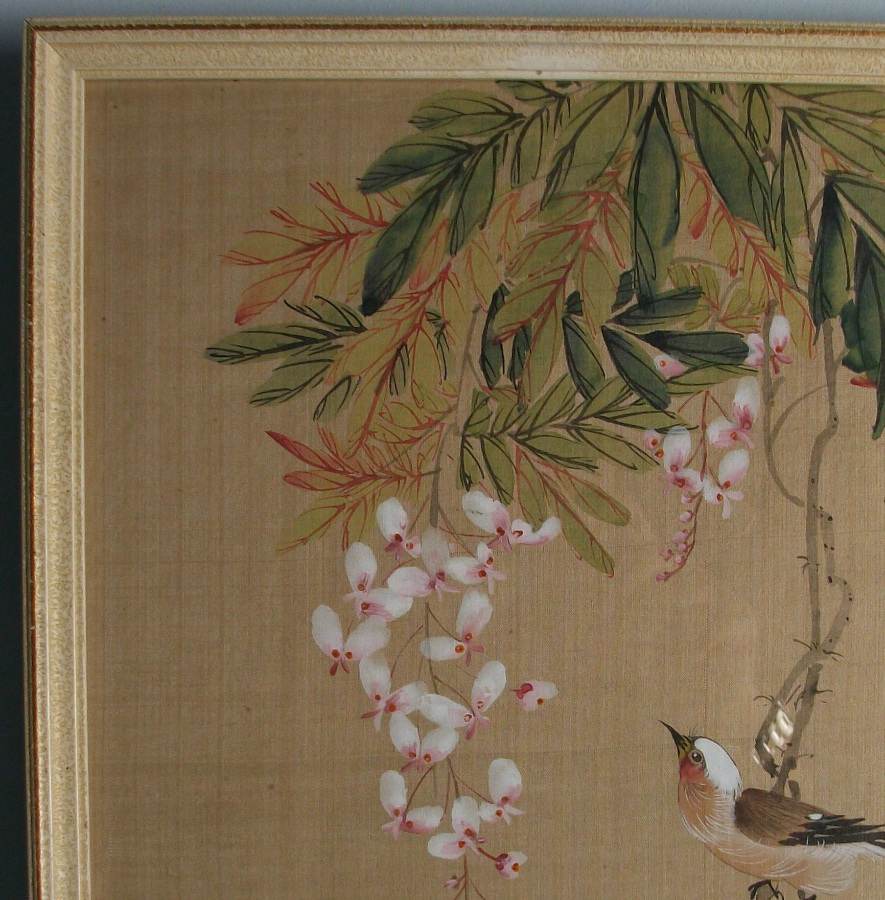 Japanese scroll  Painting on silk with birds and flowers